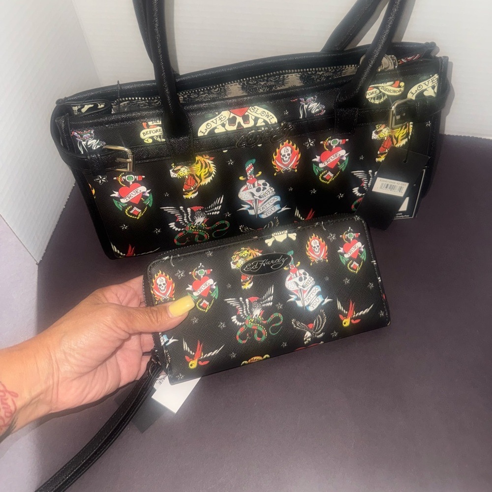Ed hardy black tattoo crossbody long handle tote with wallet set BNWT